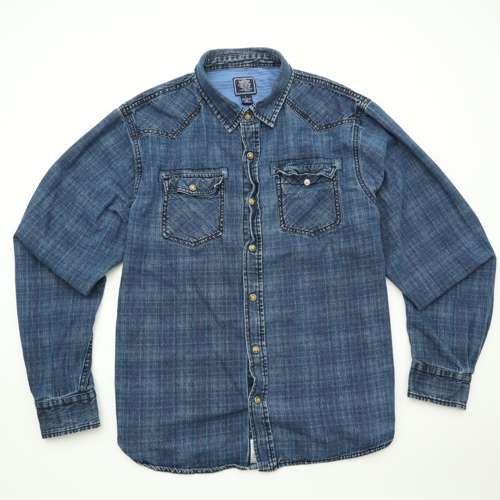 Black Jack Western Denim Shirt Long Sleeve Pearl Snap Button Blue Size L